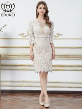 XS-Lサイズあり【ERUKEI エルケイ】総レース/ バストシアー/ 七分袖/ 袖あり/ ベルスリーブ/ タイト/ ミディアムドレス/ キャバドレス[OF2]