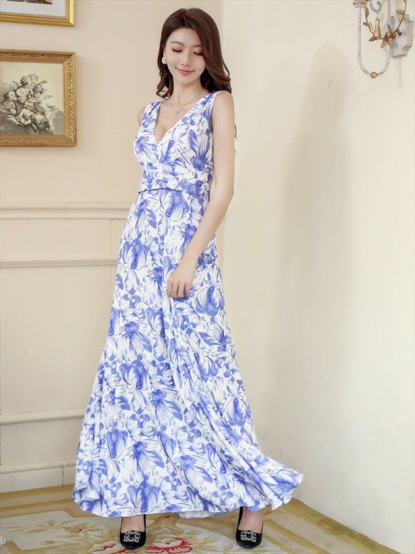 画像9: XS-Lサイズあり【ERUKEI エルケイ】ワンピース/ 花柄/ フラワープリント/ Vネック/ ノースリーブ/ ハイウエスト/ Aライン/ マキシ丈/ ロングドレス/ キャバドレスlong[OF2]