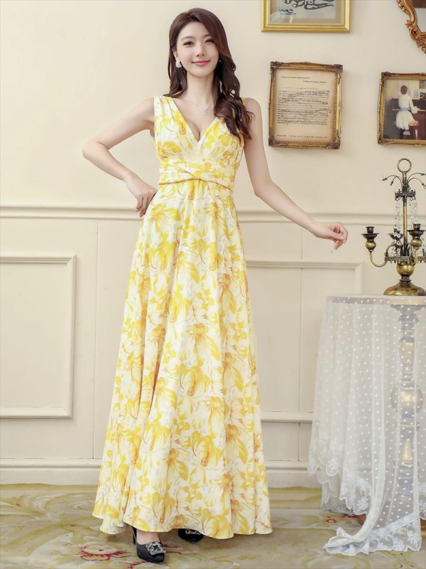 画像20: XS-Lサイズあり【ERUKEI エルケイ】ワンピース/ 花柄/ フラワープリント/ Vネック/ ノースリーブ/ ハイウエスト/ Aライン/ マキシ丈/ ロングドレス/ キャバドレスlong[OF2]