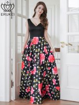 XS-Lサイズあり【ERUKEI エルケイ】ドットフラワープリント/ 切替デザイン/ノースリーブ/ Aライン/ ロングドレス / キャバドレス long[OF2]