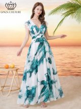 XS-Lサイズあり 【GINZA COUTURE/銀座クチュール】ペイント柄/ プリント/ シフォン/ ノースリーブ/ Vネック/ 切替/ フリル/ Aライン/ フレア/ ワンピース/ ロングドレス/ キャバドレス[OF2]