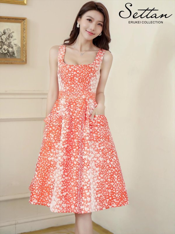 XS-Lサイズあり【ERUKEI エルケイ】レオパード柄/ ポケット付き/ ビスチェ/ ジャガード/ フレア/ Aライン/ ひざ丈/ ミディアム/ ワンピース/ キャバドレス オレンジ