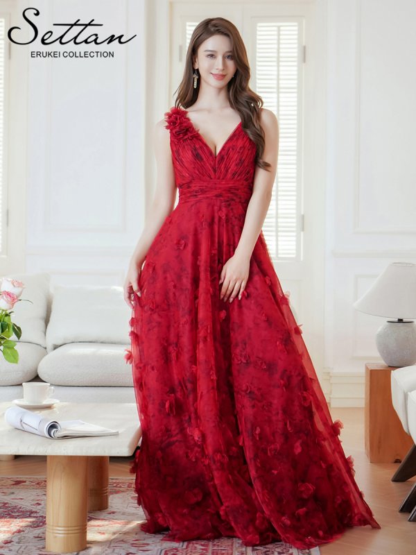 画像5: XS-Lサイズあり【SETTAN/セッタン】立体フラワー/ チュール/ Vネック/ ノースリーブ/ フレア/ Aライン/ ロングドレス / キャバドレス long[OF2]