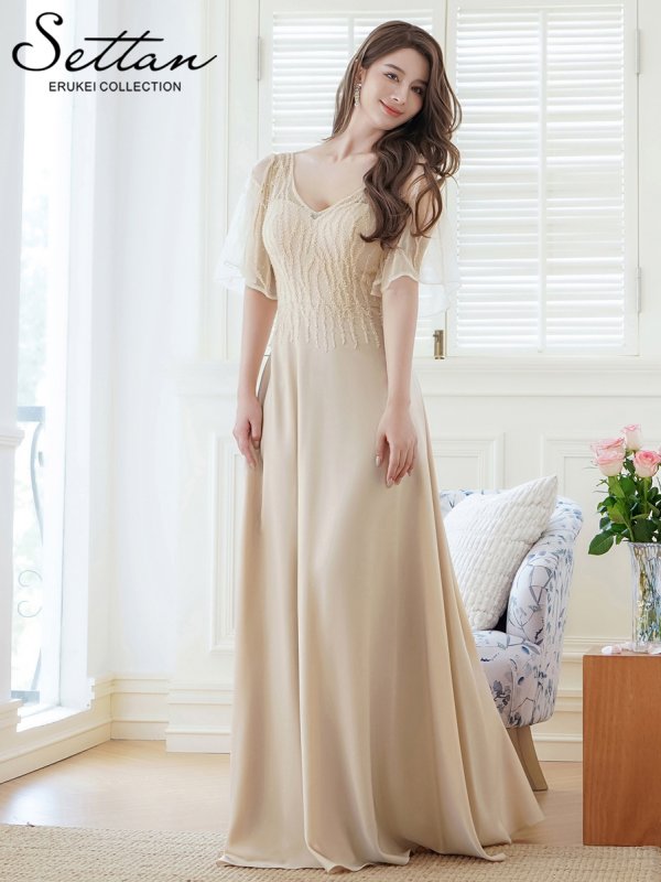 画像5: XS-Lサイズあり【SETTAN/セッタン】スパンコール/ ビーズ/ フレアスリーブ/ 半袖/ Vネック/ フレア/ Aライン/ ロングドレス / キャバドレス long[OF2]