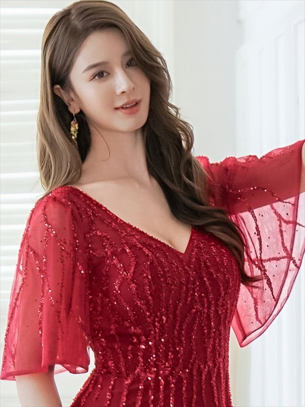 画像10: XS-Lサイズあり【SETTAN/セッタン】スパンコール/ ビーズ/ フレアスリーブ/ 半袖/ Vネック/ フレア/ Aライン/ ロングドレス / キャバドレス long[OF2]