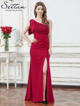 XS-Lサイズあり【SETTAN/セッタン】ワンショルダー/ サテン/ レース/ スパンコール/ リボン/ スリット/ ウエストタック/ ロングドレス / キャバドレス long[OF2]