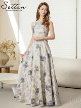 XS-Lサイズあり【SETTAN/セッタン】フラワープリント/ 金糸/ ノースリーブ/ ラウンドネック/ フレア/ Aライン/ ワンピース/ ロングドレス / キャバドレス long[OF2]