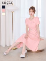XS-Lサイズあり 【GINZA COUTURE/銀座クチュール】袖あり/ ハーフスリーブ/ コサージュ付き/ ウエストベルト/ ビジューバックル/ Aライン/ フレア/ ワンピース/ ミディアムドレス/ キャバドレス[OF2]