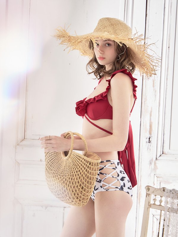 画像5: 【即日発送】【水着セール】【ビキニ】【水着】【パンツ2種類入り】2WAYフリルリボンレオパードビキニ[YMT]