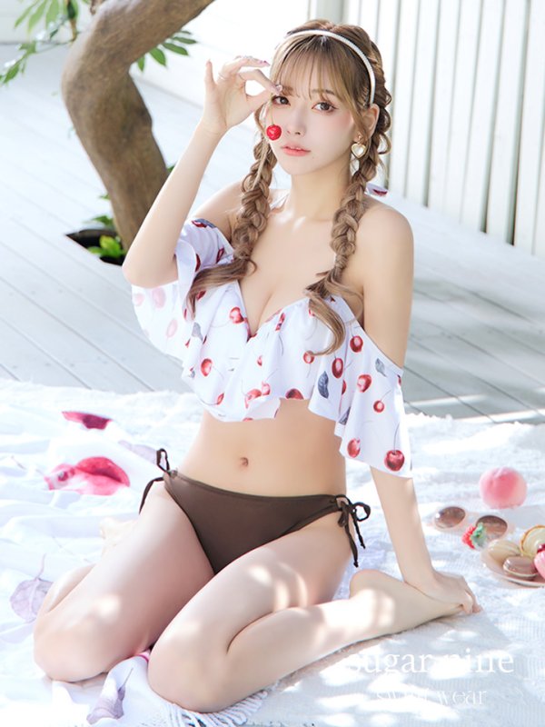画像1: 【ビキニ】【水着】フリルショルダーさくらんぼビキニ[YMT]
