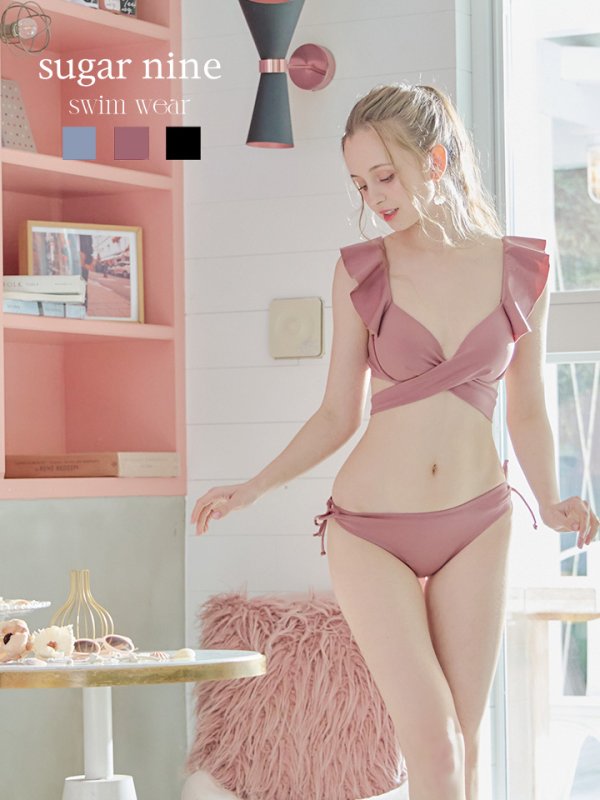 画像33: 【即日発送】【ビキニ】【水着】ショルダーフリルクロスビキニ/無地/シンプル[YMT]