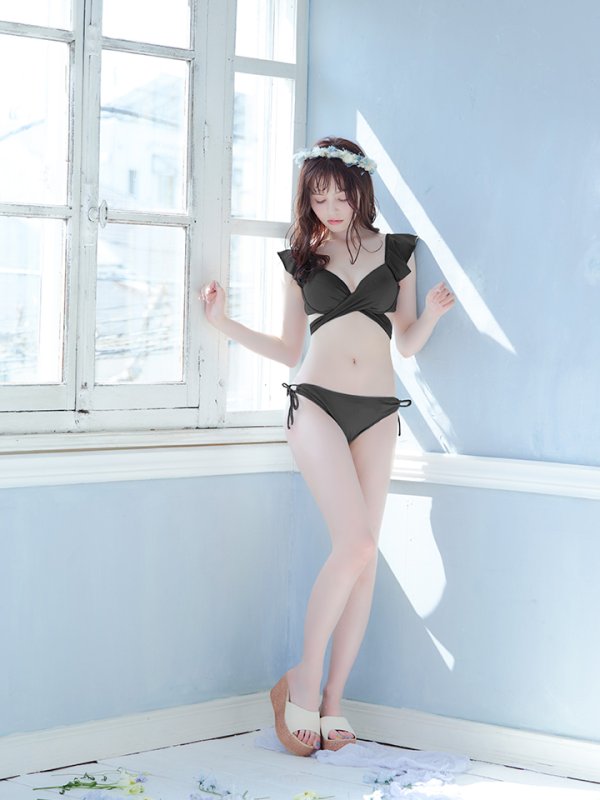 画像3: 【即日発送】【ビキニ】【水着】ショルダーフリルクロスビキニ/無地/シンプル[YMT]