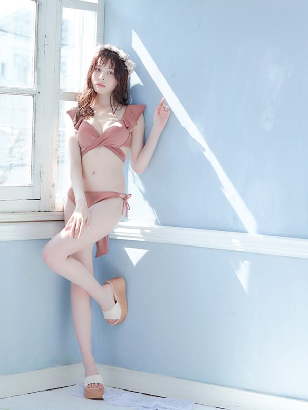 画像2: 【即日発送！】【ビキニ】【水着】ショルダーフリルクロスビキニ/無地/シンプル[YMT]
