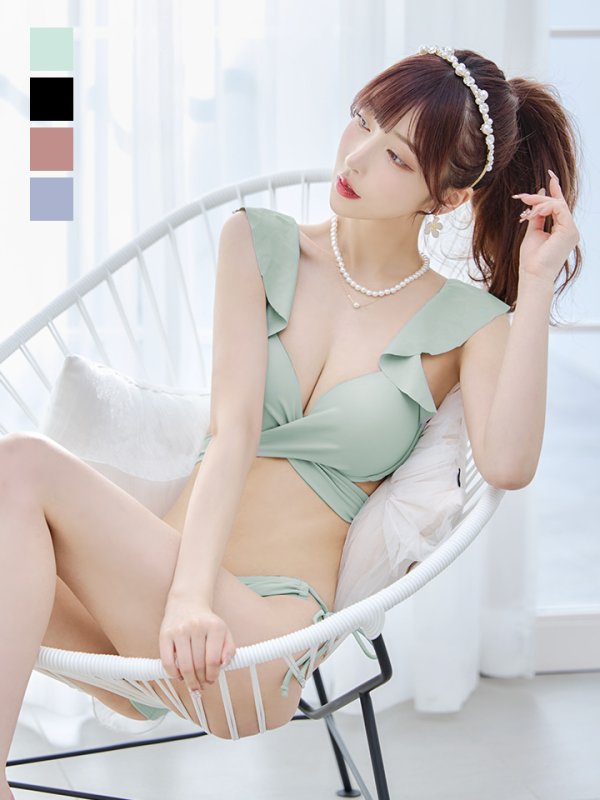画像1: 【ビキニ】【水着】ショルダーフリルクロスビキニ/無地/シンプル[YMT]【一部予約 / 7月上旬発送予定】