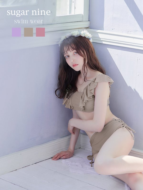 画像1: 【ビキニ】【水着】フリルショルダービキニ/ハイウエスト/無地/シンプル[YMT]
