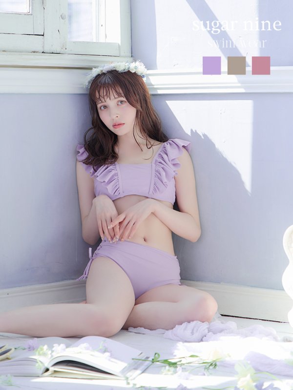 画像1: 【ビキニ】【水着】フリルショルダービキニ/ハイウエスト/無地/シンプル[YMT]
