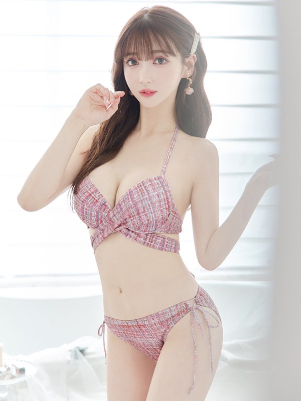 画像1: 【即日発送】【ビキニ】【水着】ツイードプリント バッククロスリボン クロスビキニ 2点セット[FB01](MG-SN003)