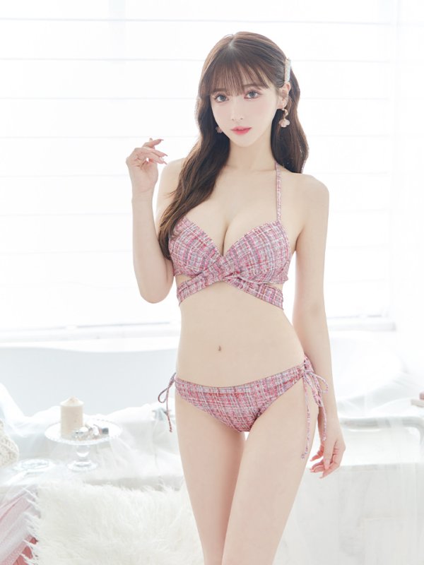 画像9: 【即日発送】【ビキニ】【水着】ツイードプリント バッククロスリボン クロスビキニ 2点セット[FB01](MG-SN003)