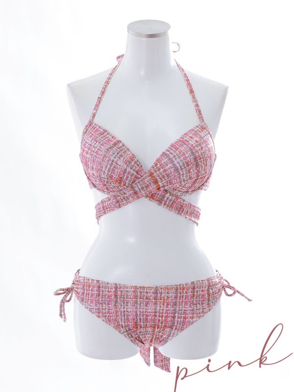 画像44: 【即日発送】【ビキニ】【水着】ツイードプリント バッククロスリボン クロスビキニ 2点セット [YMT]