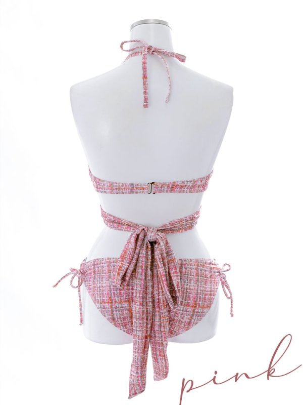 画像45: 【即日発送】【ビキニ】【水着】ツイードプリント バッククロスリボン クロスビキニ 2点セット [YMT]