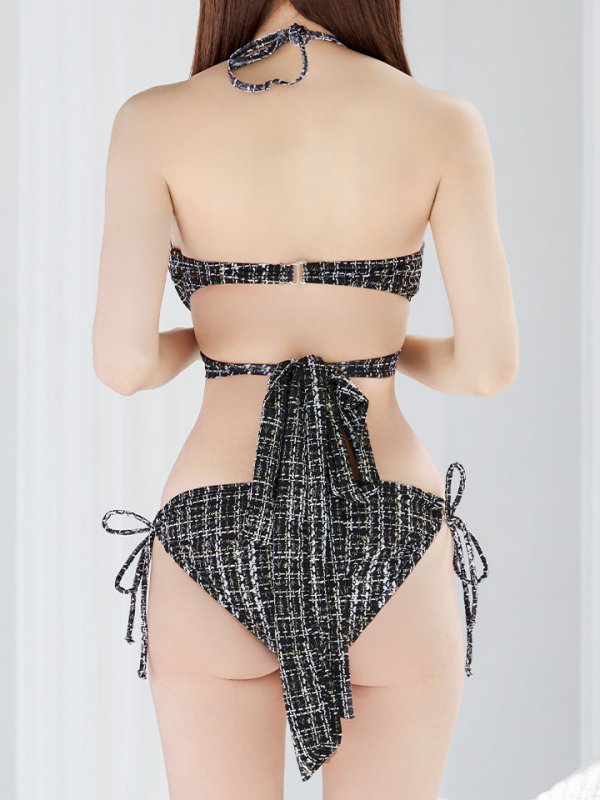 画像28: 【即日発送】【ビキニ】【水着】ツイードプリント バッククロスリボン クロスビキニ 2点セット[YMT]