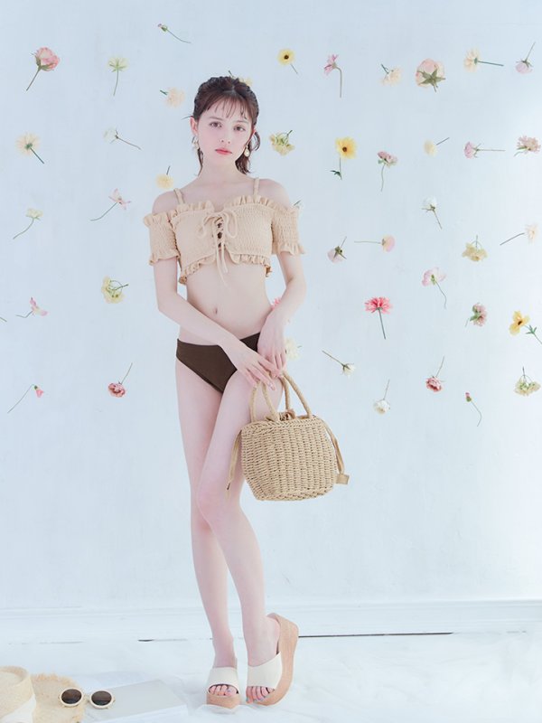 画像5: 【即日発送】【水着セール】【ビキニ】【水着】オフショルビキニ /無地/シャーリング/ニット/2点セット[YMT]