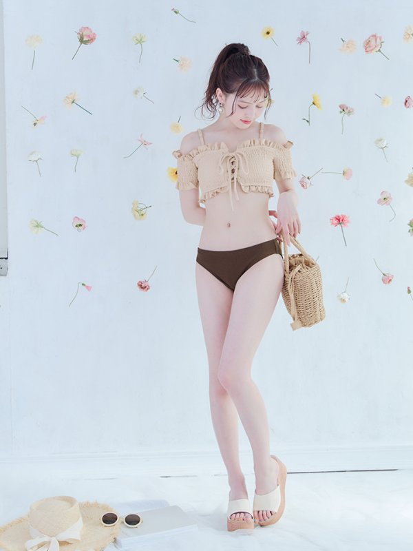 画像7: 【即日発送】【水着セール】【ビキニ】【水着】オフショルビキニ /無地/シャーリング/ニット/2点セット[YMT]