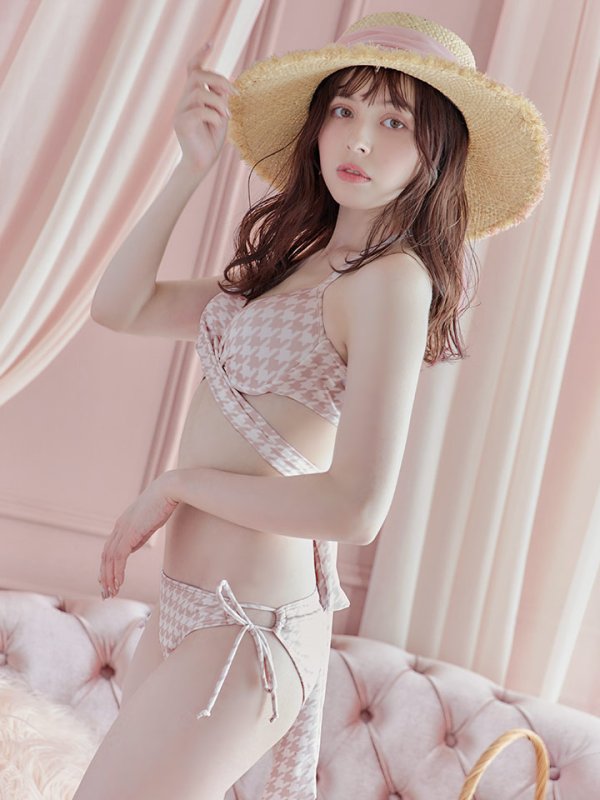 画像33: 【即日発送】【ビキニ】【水着】千鳥格子柄  バッククロスリボン クロスビキニ 2点セット[FB01]