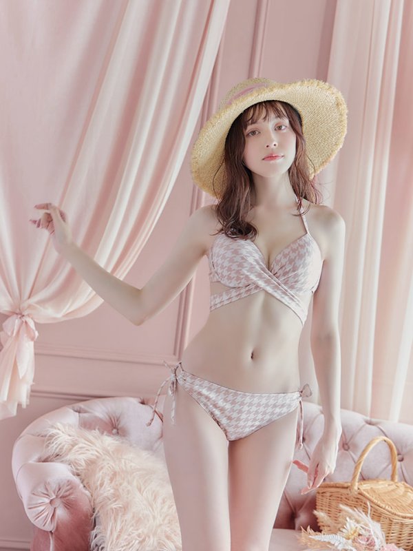 画像17: 【即日発送】【ビキニ】【水着】千鳥格子柄  バッククロスリボン クロスビキニ 2点セット[FB01]