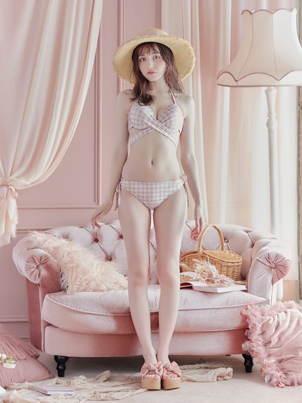画像25: 【即日発送】【ビキニ】【水着】千鳥格子柄  バッククロスリボン クロスビキニ 2点セット[FB01]