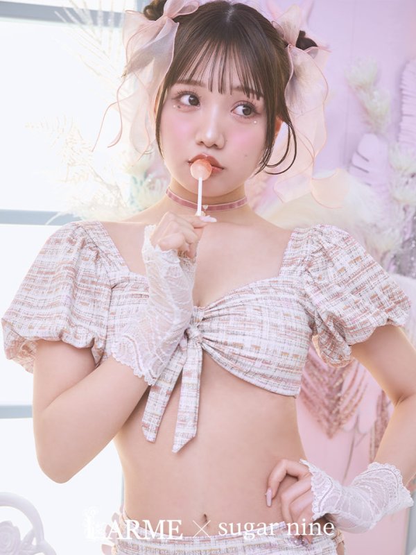 画像2: 【ビキニ】【水着】パフスリーブ 2way ツイードプリント ビキニ 2点セット[YMT]