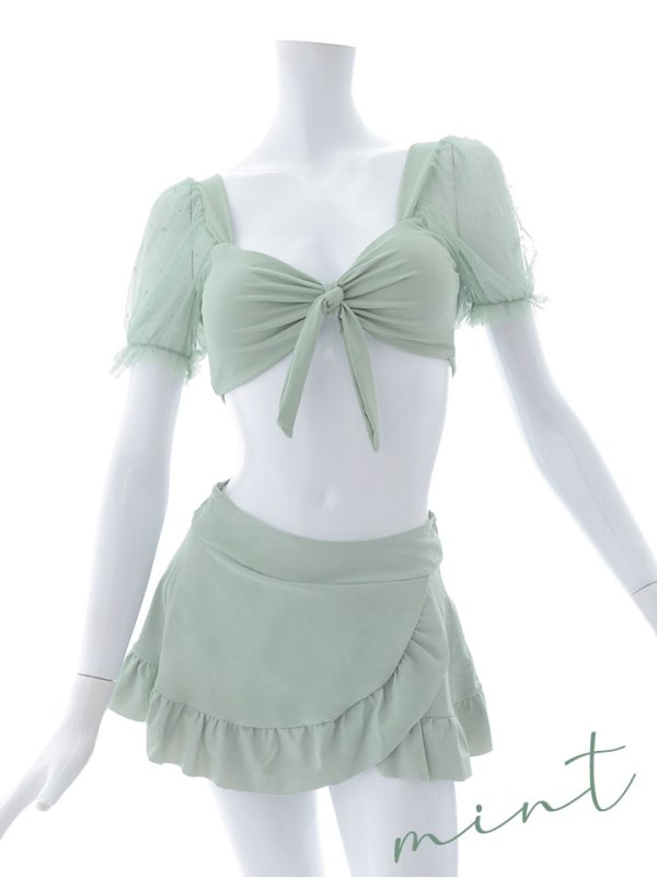 画像46: 【即日発送】【ビキニ】ドットシアースリーブスカート付きビキニ 3点セット【水着】[YMT]