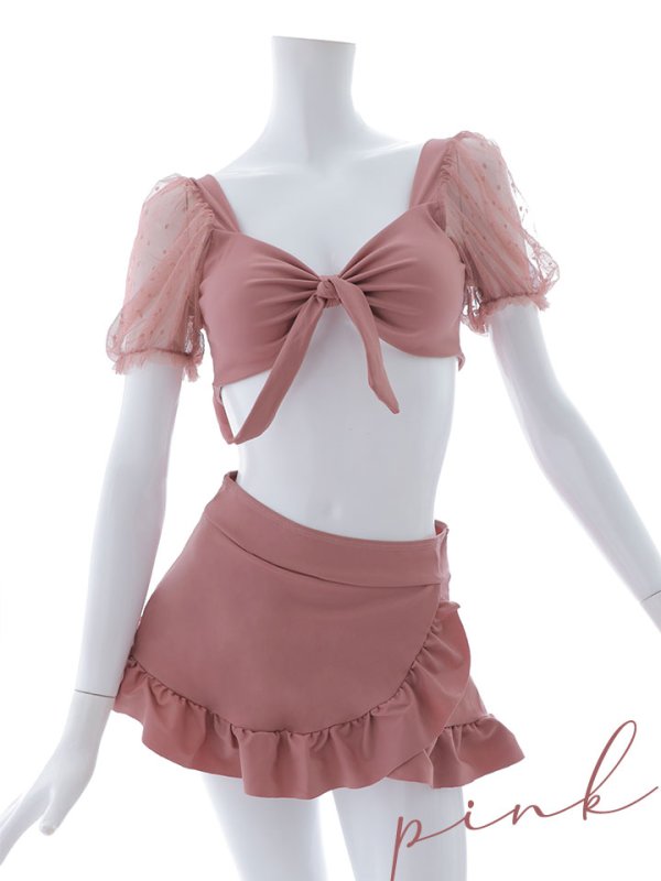 画像45: 【即日発送】【ビキニ】ドットシアースリーブスカート付きビキニ 3点セット【水着】[YMT]