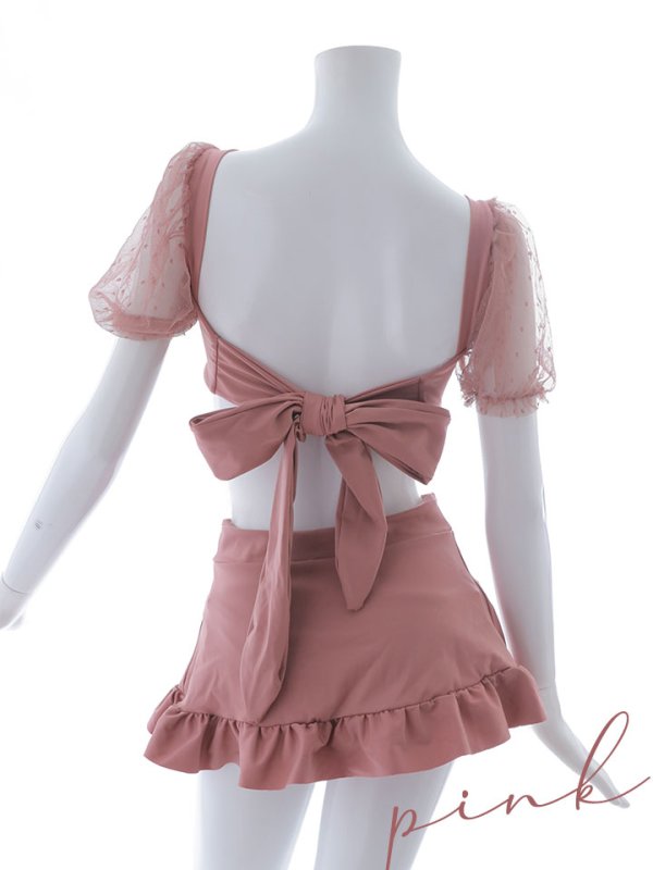 画像46: 【即日発送】【ビキニ】ドットシアースリーブスカート付きビキニ 3点セット【水着】[YMT]