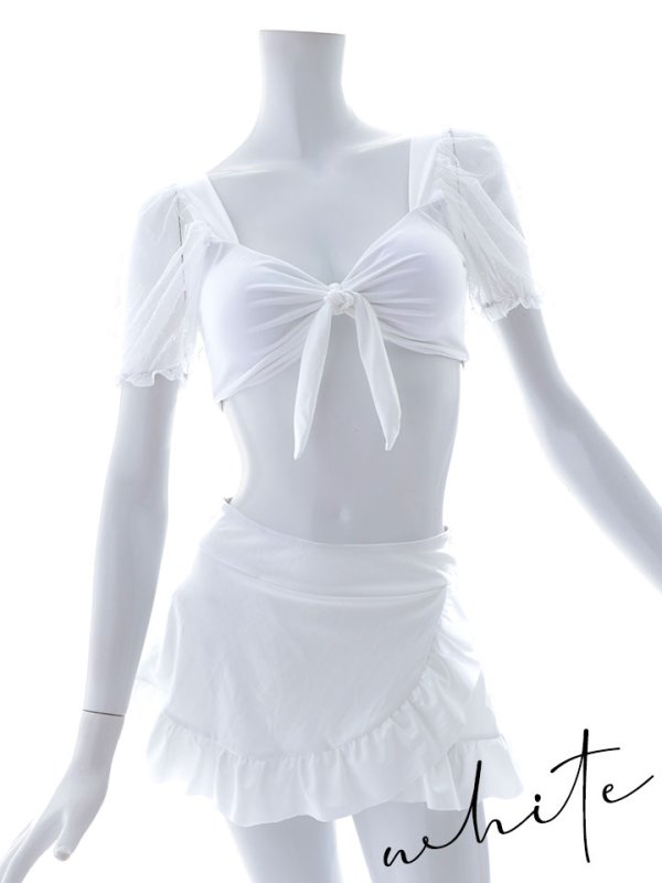 画像48: 【即日発送】【ビキニ】ドットシアースリーブスカート付きビキニ 3点セット【水着】[YMT]