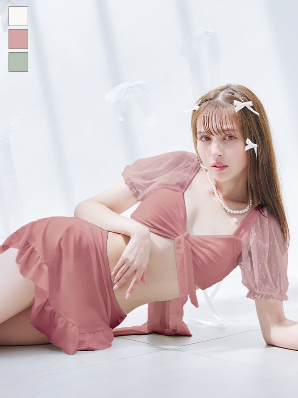 画像1: 【即日発送！】【ビキニ】ドットシアースリーブスカート付きビキニ 3点セット【水着】[YMT]