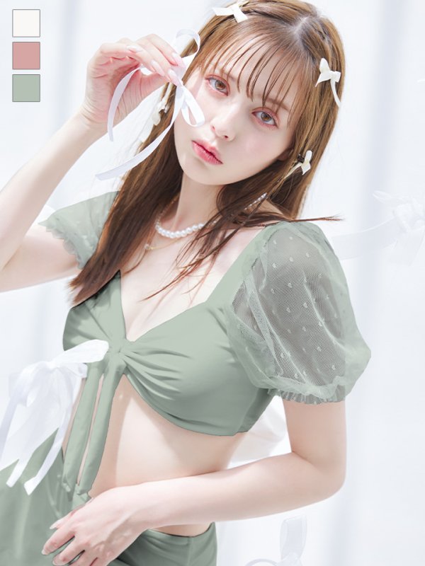 画像2: 【即日発送！】【ビキニ】ドットシアースリーブスカート付きビキニ 3点セット【水着】[YMT]
