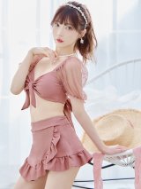 【即日発送！】【ビキニ】ドットシアースリーブスカート付きビキニ 3点セット【水着】[YMT]