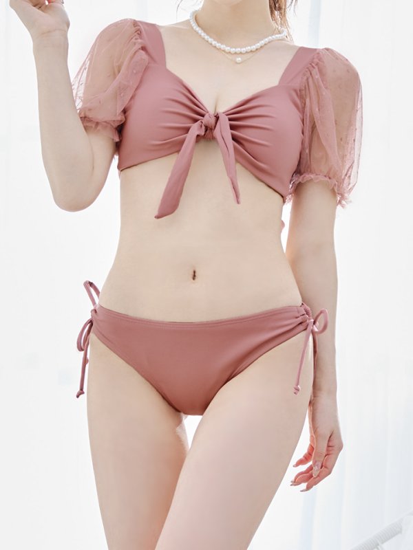 画像49: 【即日発送】【ビキニ】ドットシアースリーブスカート付きビキニ 3点セット【水着】[YMT]