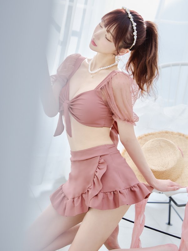 画像32: 【即日発送】【ビキニ】ドットシアースリーブスカート付きビキニ 3点セット【水着】[YMT]