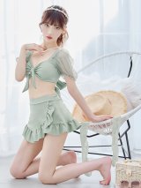 【即日発送！】【ビキニ】ドットシアースリーブスカート付きビキニ 3点セット【水着】[YMT]