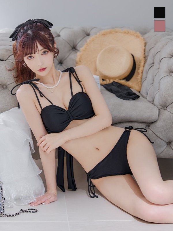 画像1: 【予約商品/6月下旬発送予定】【ビキニ】ショルダー紐リボンシンプルビキニ 2点セット【水着】[YMT]