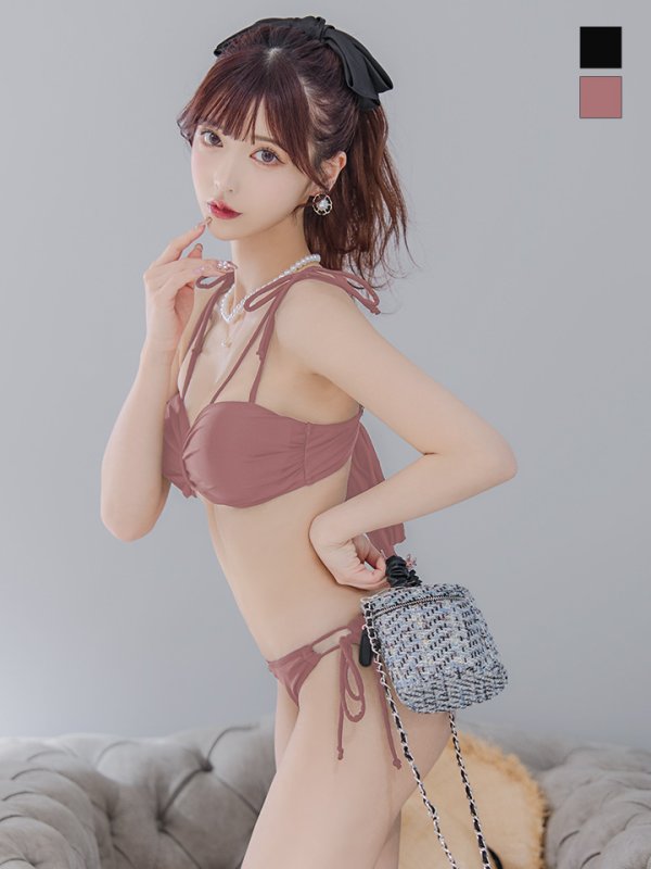 画像2: 【予約商品/6月下旬発送予定】【ビキニ】ショルダー紐リボンシンプルビキニ 2点セット【水着】[YMT]