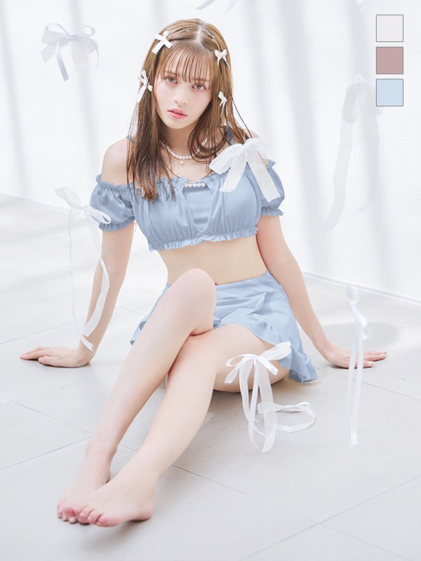 画像2: 【ビキニ】【水着】袖付きシャーリングトップス 4点セット【予約 / 7月上旬発送予定】[YMT]