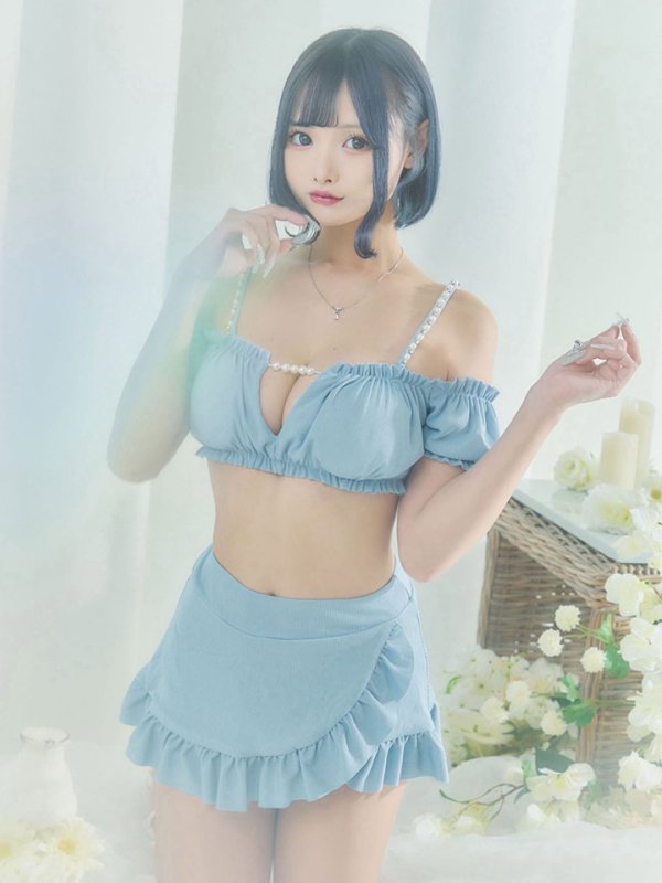 画像2: 【即日発送】【ビキニ】【水着】袖付きシャーリングトップス 4点セット[YMT]