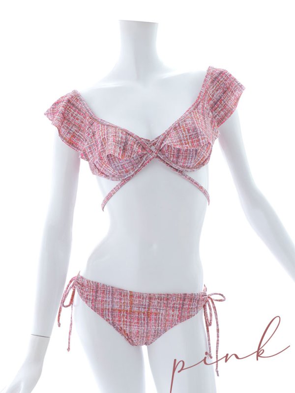 画像25: 【即日発送】【ビキニ】【水着】肩フリルツイード柄ビキニ 2点セット[YMT]