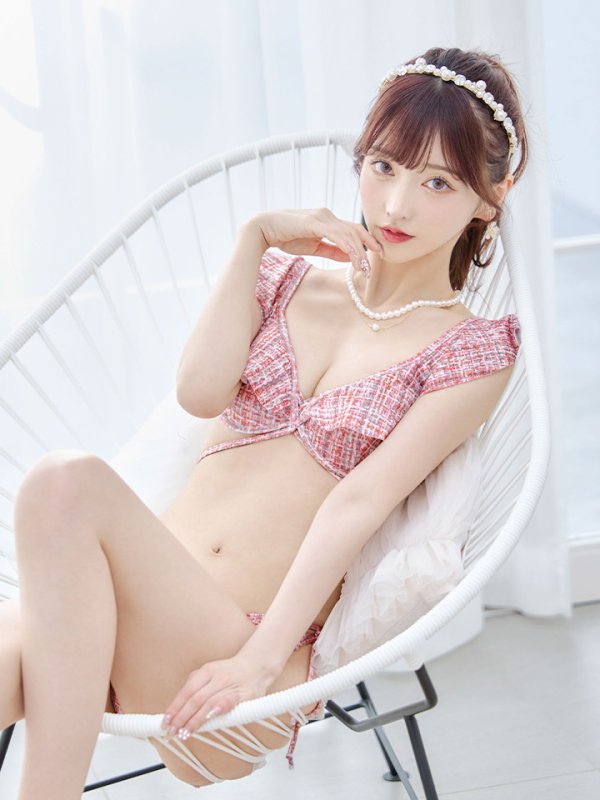 画像1: 【ビキニ】【水着】肩フリルツイード柄ビキニ 2点セット[YMT]
