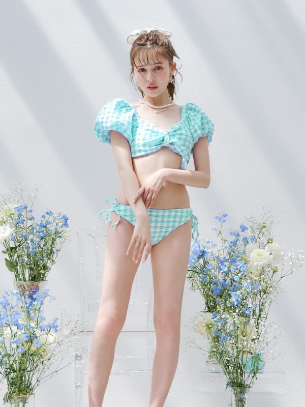 画像2: 【即日発送！】【ビキニ】【水着】ギンガムチェックパフスリビキニ 2点セット[YMT]