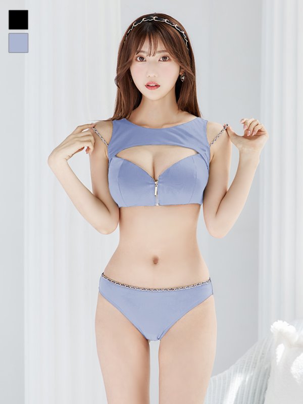 画像2: 【即日発送！】【ビキニ】【水着】バストオープン＆ジップチェーンビキニ 2点セット[YMT]