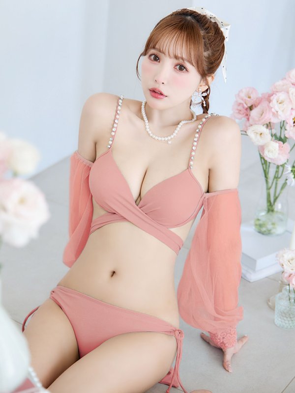 画像1: 【即日発送！】【ビキニ】【水着】ふんわりシアー長袖ビキニ 2点セット[YMT]